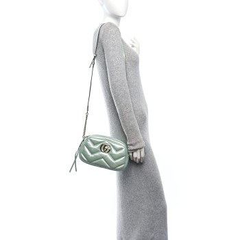 GUCCI Iridescent Nappa Chevron Matelasse Small GG Marmont Chain Shoulder Bag Iridescent Salvy Green