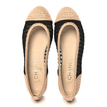 CHANEL Raffia Cap Toe Ballerina Flats 36.5 Black Beige