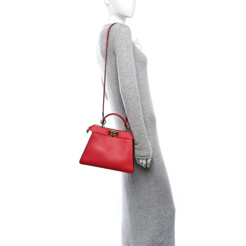 FENDI Vitello Seta Nappa Chinese Valentines Day Karligraphy Small Peekaboo I SEE U Satchel Rosso Cardinale Panna