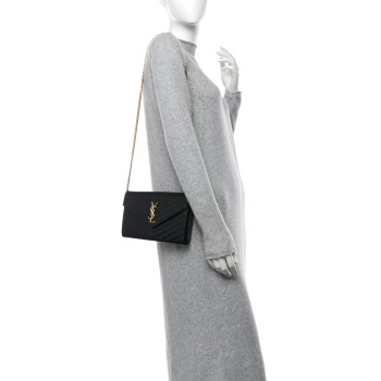 SAINT LAURENT Grain De Poudre Matelasse Chevron Monogram Chain Wallet Black