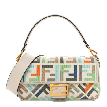 FENDI Canvas Vitello Seta FF Multicolor Embroidered Baguette Grezzo Multicolor Latte