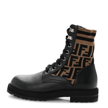 FENDI Calfskin Stretch Fabric FF Rockoko Biker Boots 7 Black Tobacco
