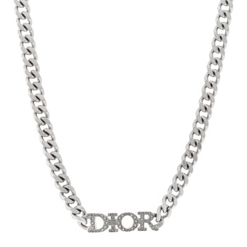 CHRISTIAN DIOR Metal Crystal Logo Chain Link Necklace Silver