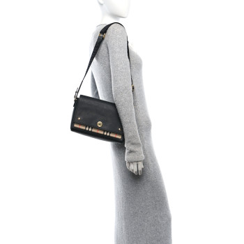 BURBERRY Coated Canvas Calfskin Vintage Check Medium Note Crossbody Bag Black