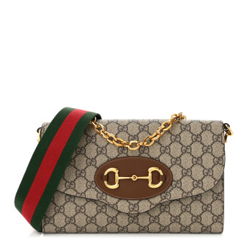 GUCCI GG Supreme Monogram Azalea Calfskin Web Small Horsebit 1955 Crossbody Bag Beige Ebony Brown Sugar
