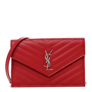 SAINT LAURENT Grain De Poudre Matelasse Chevron Monogram Envelope Chain Wallet New Red