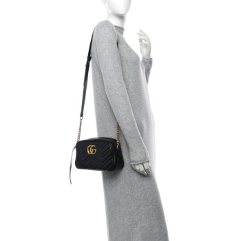 GUCCI Calfskin Matelasse Small GG Marmont Chain Shoulder Bag Black