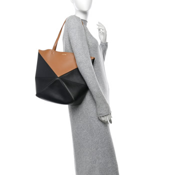 LOEWE Shiny Calfskin Medium Puzzle Fold Tote Warm Desert Black