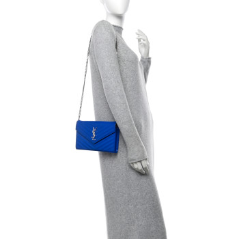 SAINT LAURENT Patent Grain De Poudre Matelasse Chevron Monogram Chain Wallet Blue Majorelle SAINT LAURENT Patent Grain De Poudre Matelasse Chevron Monogram Chain Wallet Blue Majorelle