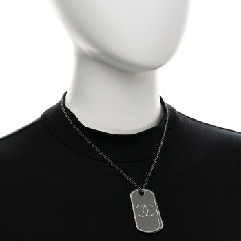 CHANEL Metal Crystal Ruthenium Dog Tag Charm Necklace Black