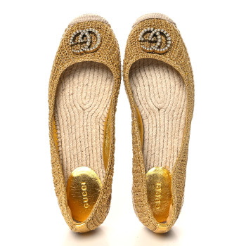 GUCCI Cotton Malaga Kid Crochet Pearly GG Lilibeth Espadrille 38 Gold