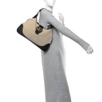 GUCCI Canvas Textured Dollar Calfskin Medium Aphrodite Shoulder Bag Beige Black