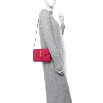 SAINT LAURENT Grain De Poudre Matelasse Chevron Monogram Chain Wallet Lipstick Fuchsia
