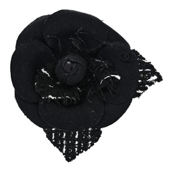 CHANEL Tweed Fabric Camellia Pin Brooch Black White