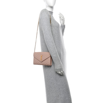 SAINT LAURENT Grain De Poudre Matelasse Chevron Monogram Chain Wallet Pale Pink