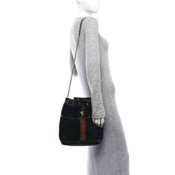 GUCCI Suede Patent Web Medium Rajah Bucket Bag Black