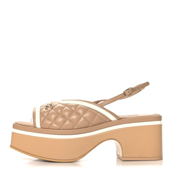 CHANEL Lambskin Patent Quilted CC Platform Sandals 39.5 Beige White CHANEL Lambskin Patent Quilted CC Platform Sandals 39.5 Beige White