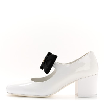 CHANEL Patent Calfskin Grosgrain Bow Mary Jane Pumps 37 White Black