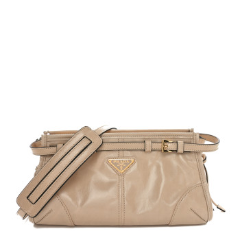 PRADA Glossy Calfskin Triangle Small Bonnie Shoulder Bag Travertine