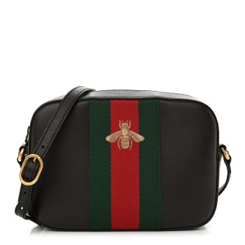 GUCCI Textured Calfskin Web Small Webby Bee Shoulder Bag Brown Coffee