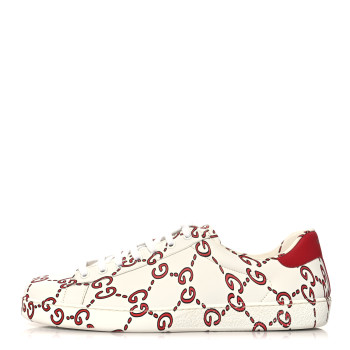 GUCCI Calfskin GucciGhost Print Mens Ace Sneakers 11 White Hibiscus Red