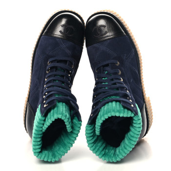 CHANEL Suede Calfskin Velvet Quilted CC Combat Boots 37 Navy Green Black