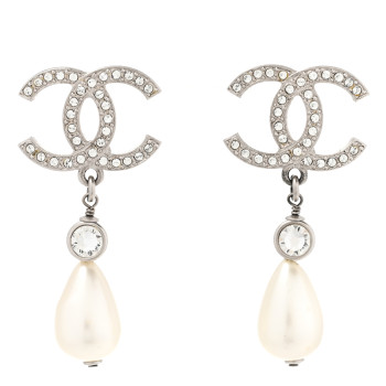 CHANEL Pearl Crystal CC Drop Earrings Silver Pearly White