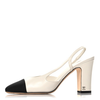CHANEL Lambskin Grosgrain Cap Toe CC Slingback Pumps 39.5 White Black