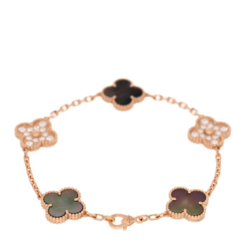 VAN CLEEF & ARPELS 18K Rose Gold Diamond Gray Mother of Pearl 5 Motifs Vintage Alhambra Bracelet