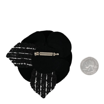 CHANEL Tweed Fabric Camellia Pin Brooch Black White