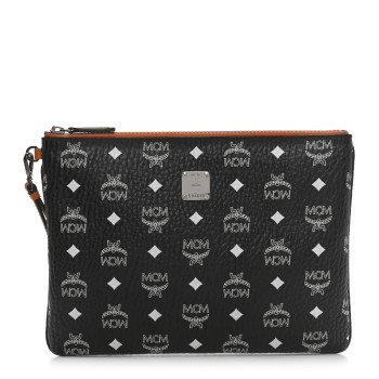 MCM Visetos Medium Stark Wristlet Pouch Black Cognac