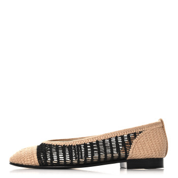 CHANEL Raffia Cap Toe Ballerina Flats 36.5 Black Beige
