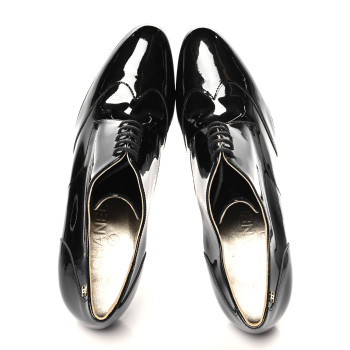 CHANEL Patent Calfskin Oxford Lace Up Booties 39 Black