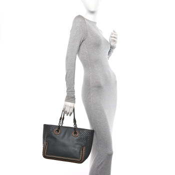 BOTTEGA VENETA Nappa Intrecciato Snakeskin Tote Gray
