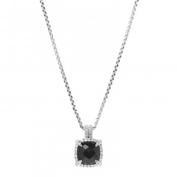DAVID YURMAN Sterling Silver Diamond Black Onyx 9mm Chatelaine Pave Bezel Pendant Necklace