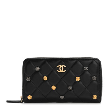 CHANEL Lambskin Quilted Small Lucky Charms Zip Around Wallet Black