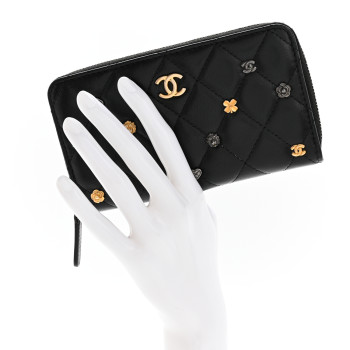CHANEL Lambskin Quilted Small Lucky Charms Zip Around Wallet Black