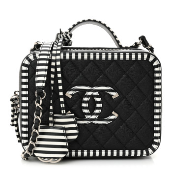 CHANEL Caviar Quilted Striped Medium CC Filigree Vanity Case Black White