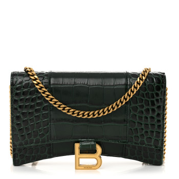 BALENCIAGA Shiny Calfskin Crocodile Embossed Hourglass Chain Bag Forest Green