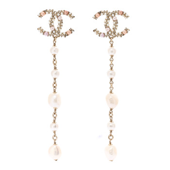 CHANEL Pearl Crystal CC Charm Drop Earrings Gold Pink Pearly White