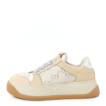 GUCCI Lame Canvas Nubuck GG Monogram Womens Screener 50mm Sneakers 35 Gardenia Silver Dusty Milk White Mystic White