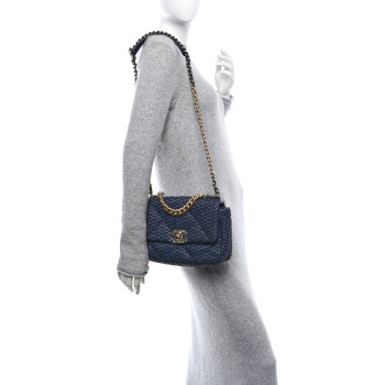 CHANEL Raffia Tweed Quilted Medium Chanel 19 Flap  Navy