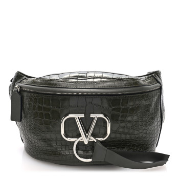 VALENTINO GARAVANI Shiny Calfskin Alligator Embossed VRing Belt Bag Khaki