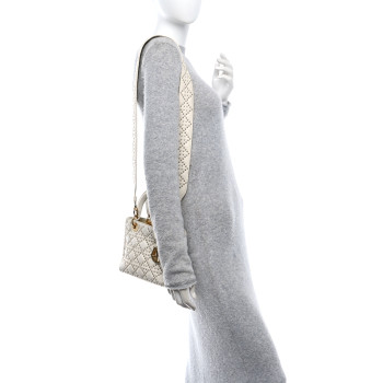 CHRISTIAN DIOR Calfskin Cannage Studded Small Supple Lady Dior White