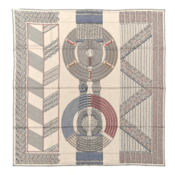 HERMES Cashmere Silk Dressage Tressage Shawl 140 Naturel Bleu Rouge