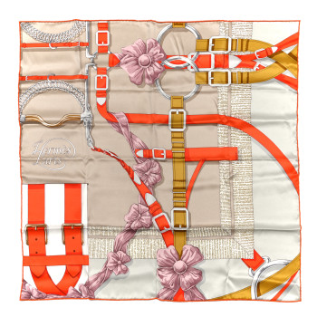 HERMES Silk Grand Manege Detail Scarf 70 Grege Orange Vieux Rose