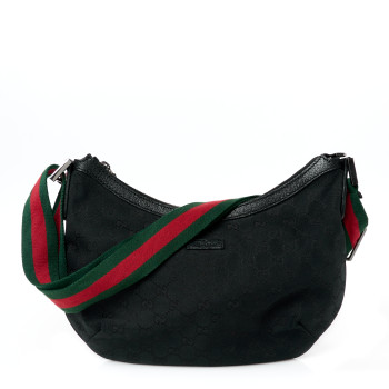 GUCCI Monogram Web Medium Half Moon Hobo Black