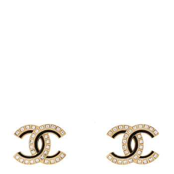 CHANEL Baguette Crystal Enamel CC Earrings Gold Black