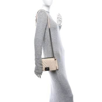 CHANEL Caviar Chevron Quilted Small Boy Flap Light Beige