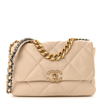 CHANEL Goatskin Quilted Large Chanel 19 Flap Light Beige